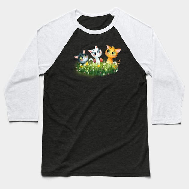 Meadow Cats Baseball T-Shirt by Geeksarecool